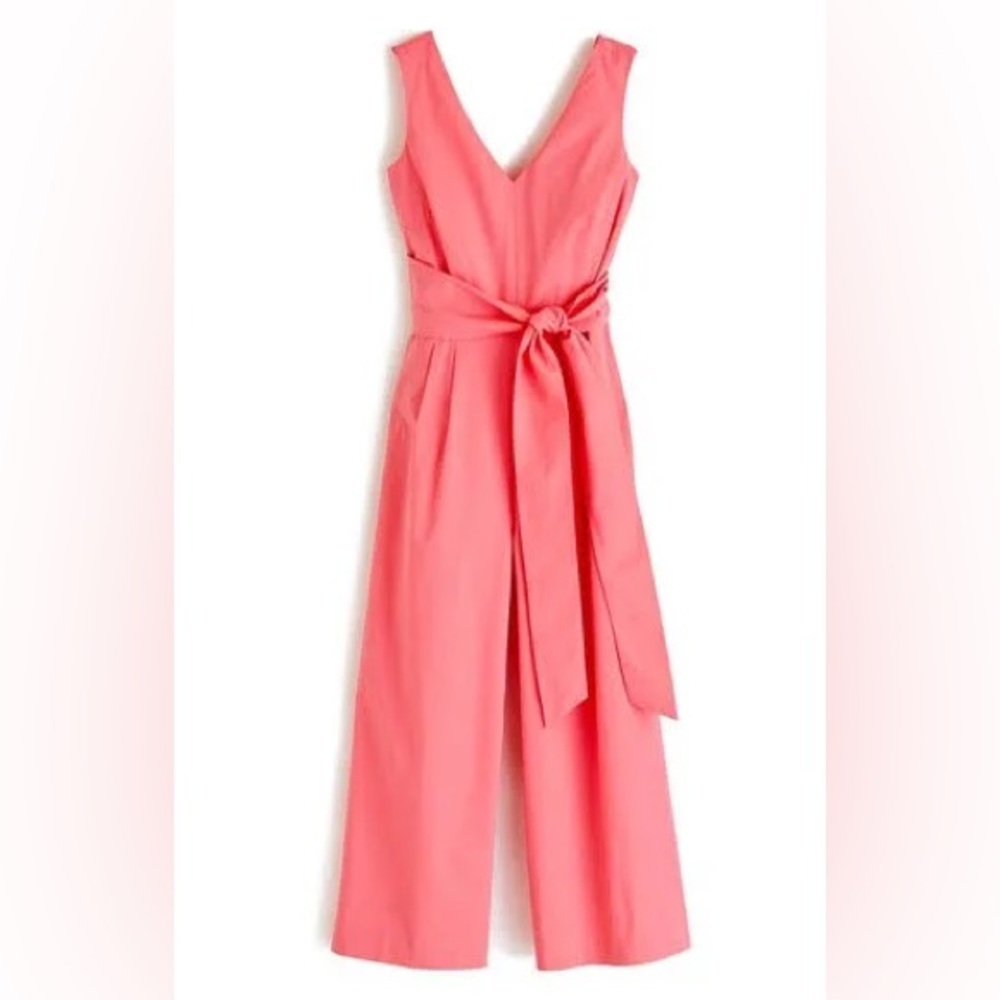 J. Crew Wrap Tie Sash V-Neck Pink Coral Poplin Wide Leg Jumpsuit Size 2